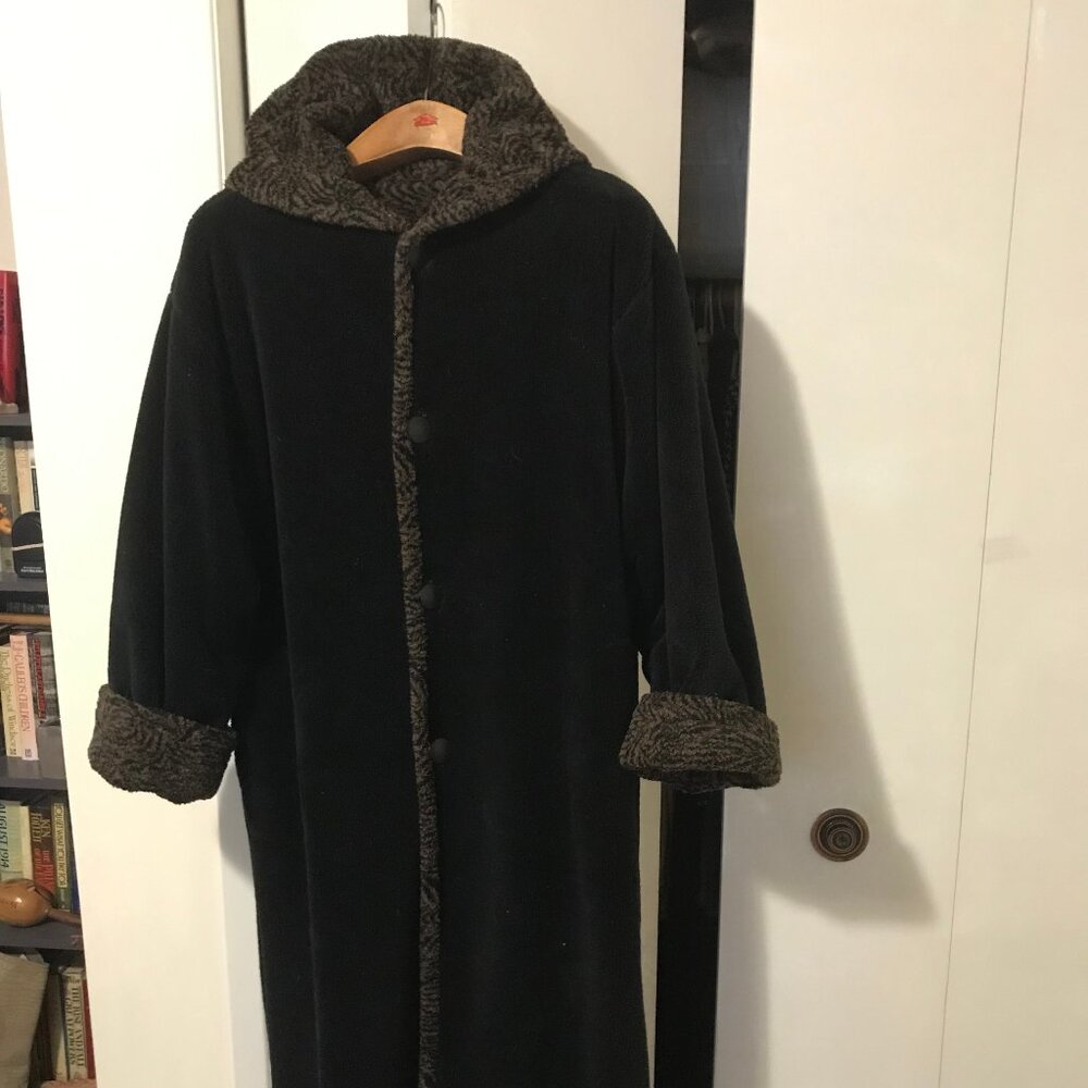 Ladies Black And Brown Hooded Reversible Coat Size Medium